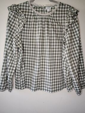 J.Crew Sage Green Plaid Blouse Large Coquette Cottage Prairie Ruffle Puff Sleeve